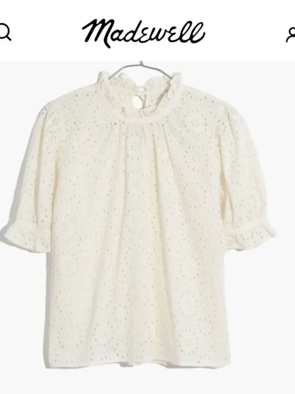 Madewell Women’s M Cream White Embroidered Eyelet Ruffle-Neck Keyhole Top